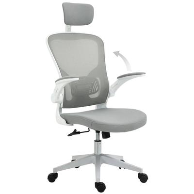OKWISH Bürostuhl ergonomisch Netz Rückenlehne Wippfunktion höhenverstellbar Grau 65x64x122 cm mit Kopfstütze Lendenstütze Klapparmlehnen