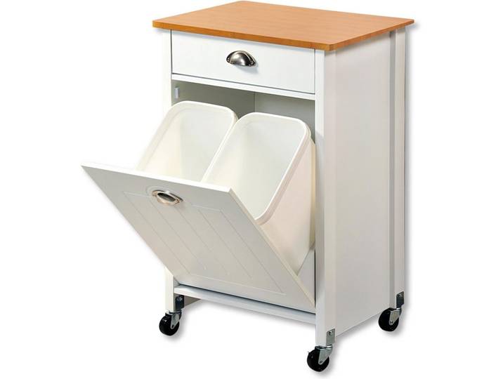 Servierwagen Holz Dekor /Weiß mit Lade + Abfalleimer