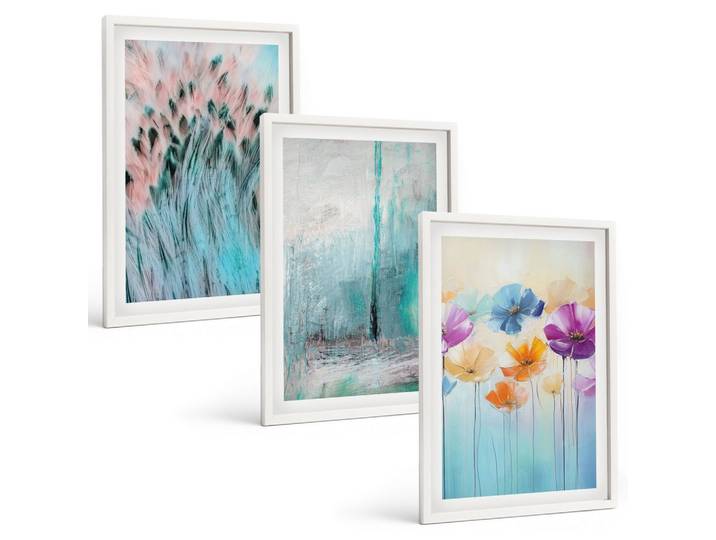 BILDER SET 3er Set - 40x60 cm Weißer Rahmen - Hintergrundmuster mit Pastellblumen