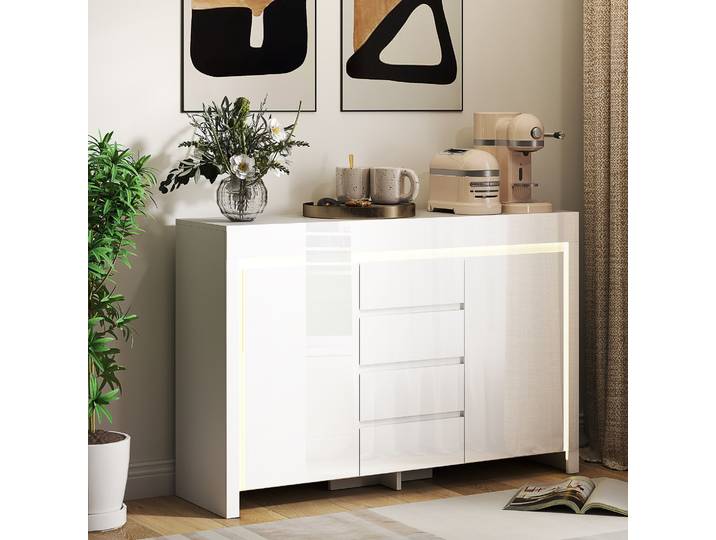HOMCOM Buffet Salon Blanc LED 4 Tiroirs Fermeture Douce 120cm