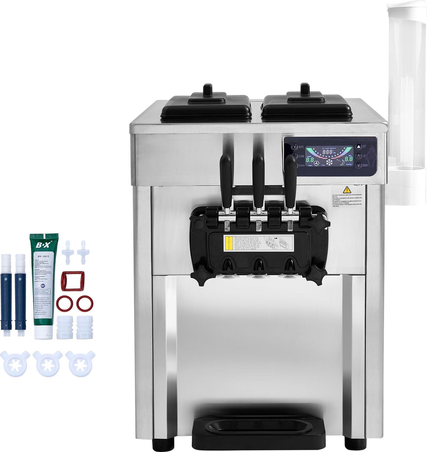 SucceBuy Kommerzielle Eismaschine 18-28 L/h, 3 Geschmacksrichtungen, Softeismaschine mit 2 x 5,5 L Trichtern, LCD-Bedienfeld, Automatische Vorkühlung und Reinigung, geeignet für Joghurt, Kaffee, Imbiss und Restaurant