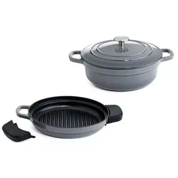 COOK'S ESSENTIALS Grillpfanne & Schmor- Topf, 3tlg., Ø25cm Gusseisen, stapelbar inkl. Silikongriff