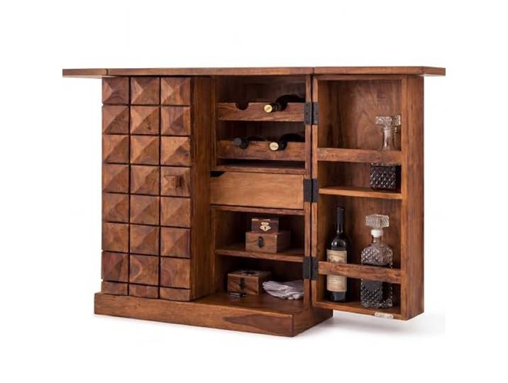 FineBuy Hausbar 65x50x91 cm Sheesham Massivholz Braun, Weinbar kleiner Barschrank mit Türen und Kachelmuster, Spirituosenschrank aus Echtholz mit Stauraum, handgefertigt