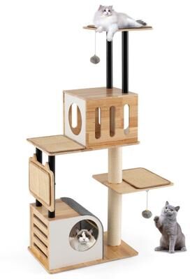 Costway Modern Tall Cat Tower with Double Condos with Dangling Balls and Sisal Carpets-Natural