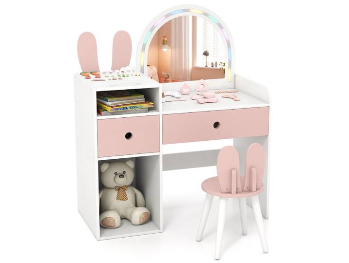 Kinderkaptafel en Stoelenset met een Schitterende LED-spiegel Schattig Konijnenorenontwerp en een Kaptafel met Lades-Wit