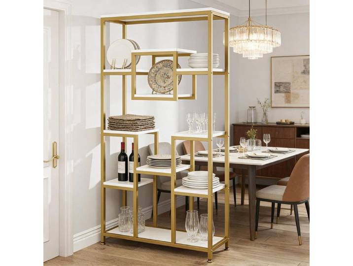 Bibliothèque 11 Niveaux Design Géométrique Or et Blanc Brillant Cube Suspendu Cadre Métal Robuste Meuble Rangement Salon