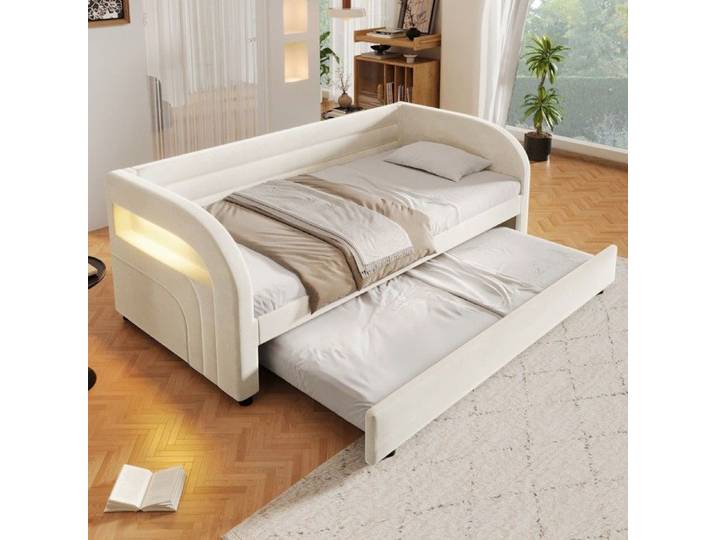 Lit plateforme rembourré - PAGE LIVING - 90x200 - Lit gigogne escamotable - Éclairage LED intégré - Velours blanc