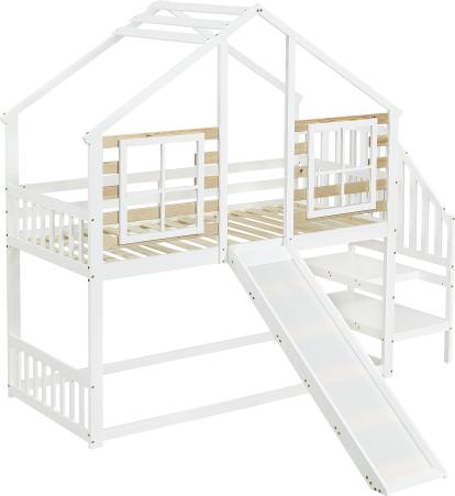 Etagenbett 90x200cm Ohne Matratze Blockhaus Kinderbett Weiss Holz Mit Treppe Rutsche Fenster