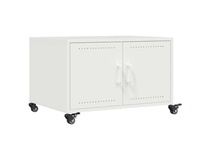 GHVBNMF Couchtisch Weiß mit Rollen 68x50x43,5 cm aus Stahl Praktischer Wohnzimmertisch aus kaltgewalztem Stahl mit Rollen, zwei Türen und reichlich Stauraum für Ihr Zuhause.