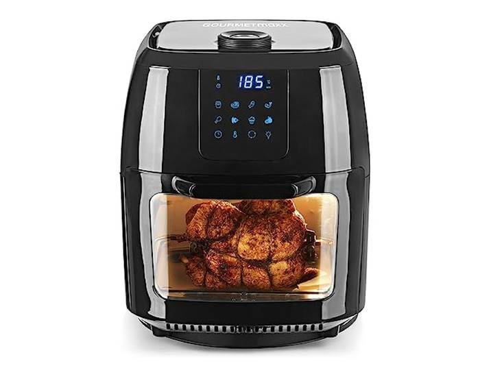 GOURMETmaxx Digitale XXL heteluchtfriteuse 9 liter frituren zonder vet, friteuse, oven en draaigrill in één incl. draaispies voor kip en sjasliekspiesen [1800 Watt/zwart]