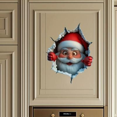 Uplifted Goods 3D Santa Break Through Wall Decal Vinyl Christmas Wall Sticker Removable Holiday Decor 30x25cm