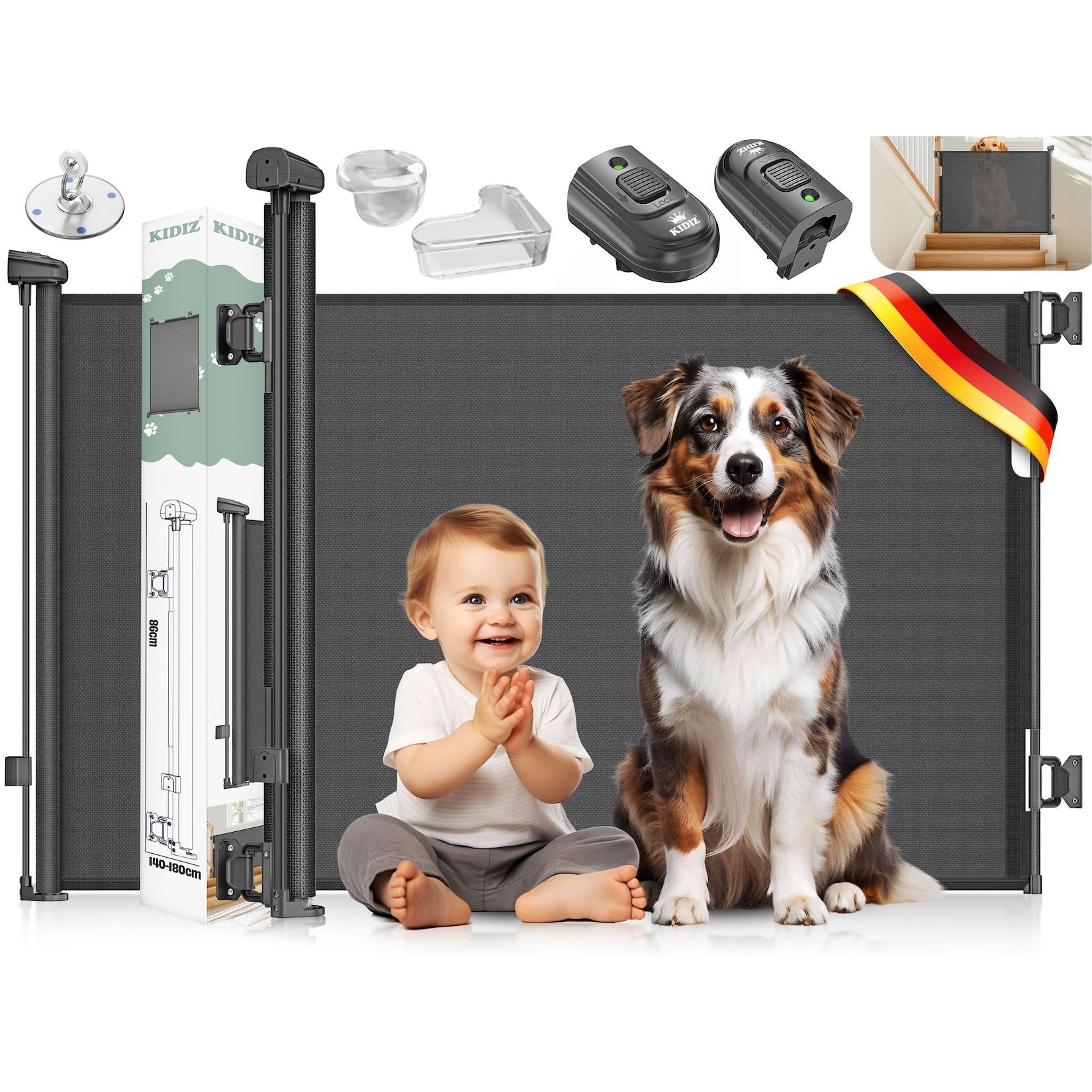 KIDIZ® Treppenschutzgitter Türschutzgitter ausziehbar bis 140/180cm kindersicheres Treppengitter für Babys & Haustiere Schutzgitter Treppen & Türen Absperrgitter inkl. Bodenanker & Montagezubehör