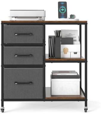 Costway 3 Drawer Mobile File Cabinet with Charging Station Rolling Printer Stand with Open Storage Shelves-Brown