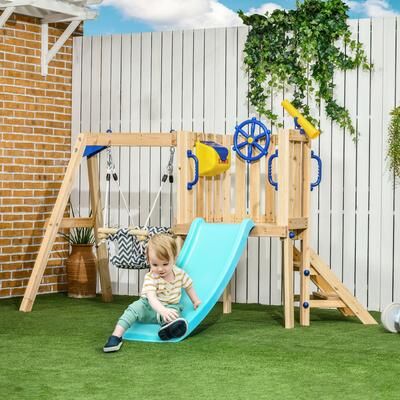 "Outsunny 3 in 1 Wooden Swing Set with Slide, Baby Swing Seat, Fort, Wheel, Telescope, Mailbox, 1.5-4 Years Old, 67""x79""x46.5"""
