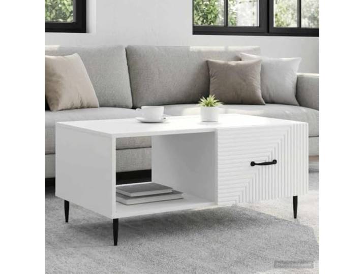 TEKGHUT Couchtisch Weiss 90 x 50 x 40 cm Holzwerkstoff mit Metallbeinen Rechteckig, konische Beine, Pendeltueren, Stauraum, Vintage-Industrie-Look