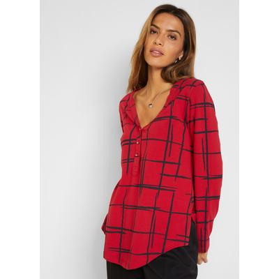Blusenshirt BONPRIX, Damen, Gr. 44/46 (L), rot (dunkelrot, schwarz), Obermaterial: 95% Baumwolle, 5% Elasthan, figurumspielend, Shirts Blusenshirt, figurumspielende Passform, Longshirt-Design, mit gerundetem Saum