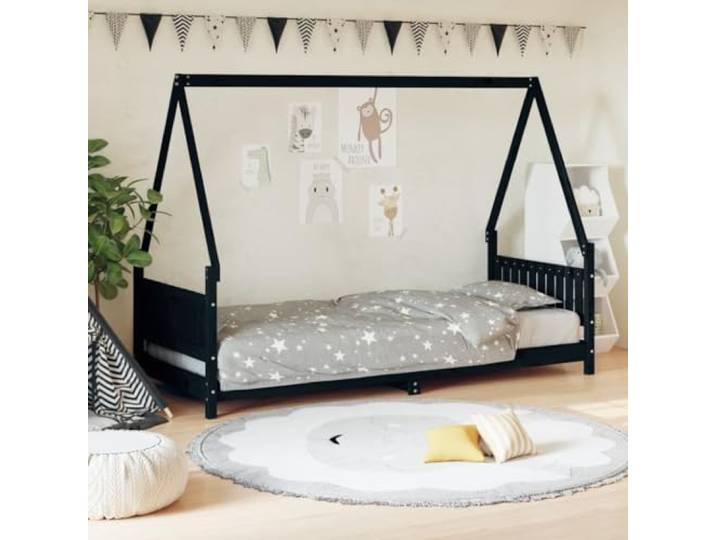 LPERTGFHU Kinderbett Massivholz Kiefer Hausbett, 80x200 cm, Schwarz Rustikale Kiefer-Optik, Stabiles Lattenrost-Design, Fördert Privatsphäre