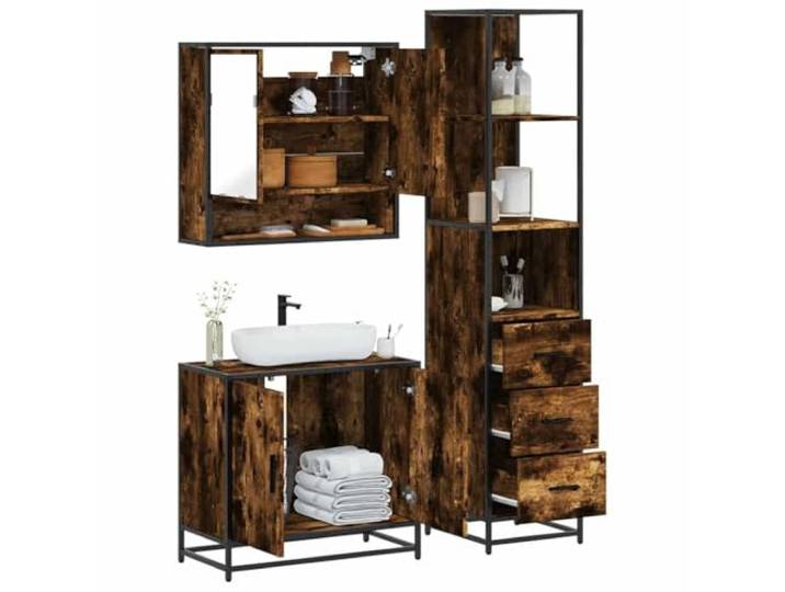WEMYUFURN 3-TLG. Badmöbel-Set Räuchereiche Holzwerkstoff mit Metallgestell Waschbeckenunterschrank mit Stauraum, Spiegelschrank, Lowboard, Wandmontage, feuchtigkeitsbeständig, industrieller Look