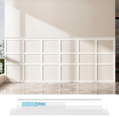 Art3d Pre-Cut Easy DIY PS Wainscoting Kit Board and Batten Kit, 12 or 25 panels