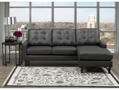 Chet Mid Century Modern Dark Grey Top Grain Leather Tufted Sectional Sofa