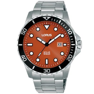 Solaruhr LORUS, orange (silberfarben, orange), Armbanduhren, Herren, Armbanduhr, Herrenuhr, Edelstahlarmband, analog, Tag