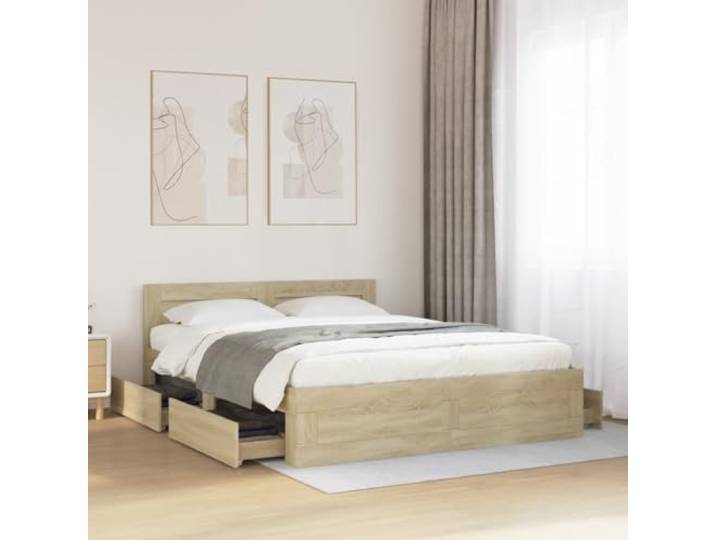 RJPLMFV Bettgestell, 160 x 200 cm, Sonoma-Eiche Holzwerkstoff, Aufbewahrungsschubladen, Kopfteil, Lattenrost inklusive
