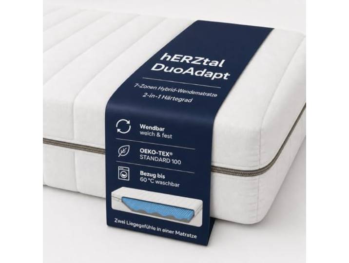 hERZtal DuoAdapt 18 cm 7-Zonen Wendematratze, 2-in-1 Härtegrad Soft/Medium oder Medium/Hard, Hybrid-Komfortschaum, ergonomische Matratze, Bezug bis 60 °C waschbar, Oeko-TEX (200x200, Soft/Mediu)