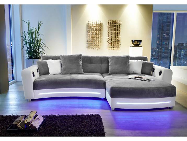 Ecksofa JOCKENHÖFER GRUPPE Laredo L-Form, B: 322 cm, Heimkino für die ganze Familie , grau (weiß, grau), B:322cm H:88cm T:120cm, Kunstleder Softlux / Luxus-Microfaser ( 100% Polyester);Luxus-Microfaser (100% Polyester), Sofas, Ecksofa, mit RGB-LED-Beleuchtung, Soundsystem & Zierkissen