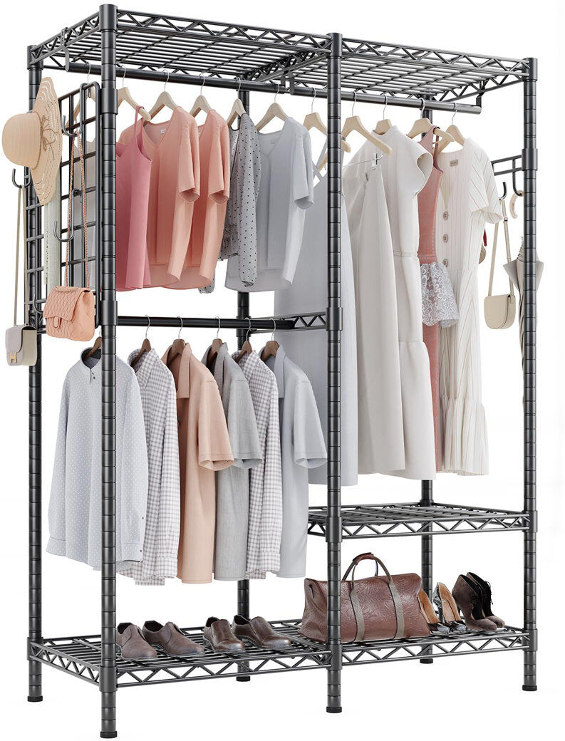 Rebrilliant Open Wardrobe Closet Organizer - 117.5x43x193.5cm Free Standing with Adjustable Wire Shelves & Clothes Rail 117.5cm L