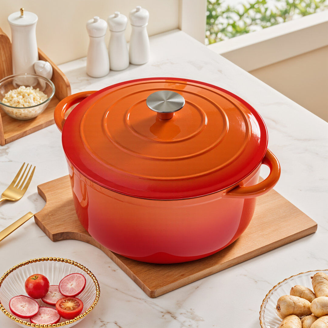Living And Home Cast Iron Round Dutch Oven Orange 5 litres