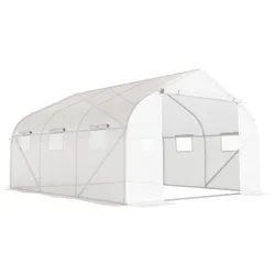 Outsunny Tunnelgewächshaus, 6 aufrollbare Fenster, Tür mit Reißverschluss, reißfeste Folie, Metallrahmen, 3,5 x 3 x 2 m, weiß
