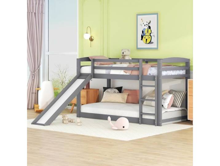 Lit superposé enfant - Bois massif - 90x200cm - Échelle et toboggan - Balustrades de sécurité - Gris