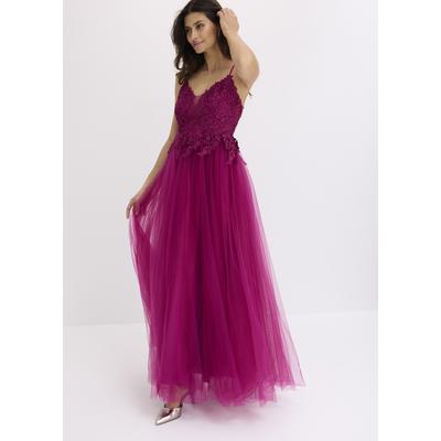 Abendkleid BONPRIX, Damen, Gr. 46, N-Gr, ohne Ärmel, Web, pink (fuchsia), Web, Obermaterial: 100% Polyester. Futter: 100% Polyester. Spitze: 100% Polyester, festlich, figurbetont, Kleider Abendkleid, für festliche Anlässe, aus Tüll mit Spitze,...