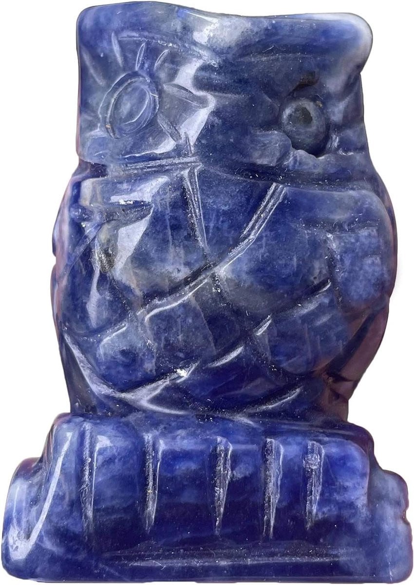 Handgesneden Blauw Sodaliet Uil Beeldje - Vogel Sculptuur voor Decoratie
