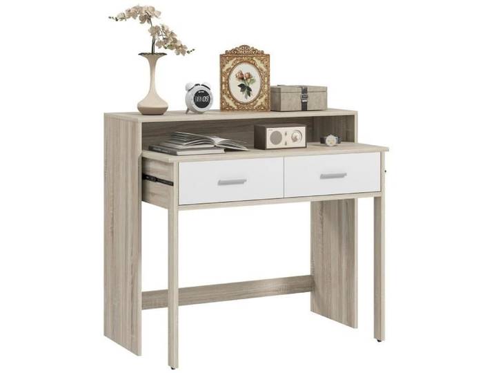 Console sécrétaire 2 en 1 - plateau coulissant 2 tiroirs - blanc naturel