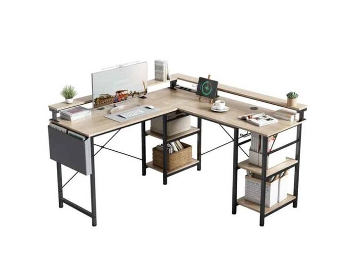 Bureau Gamer en L ，avec LEDs RGB Prises USB et Étagères Réglables，Bureau d'Angle Réversible Support Écran Inclus，140x140 cm