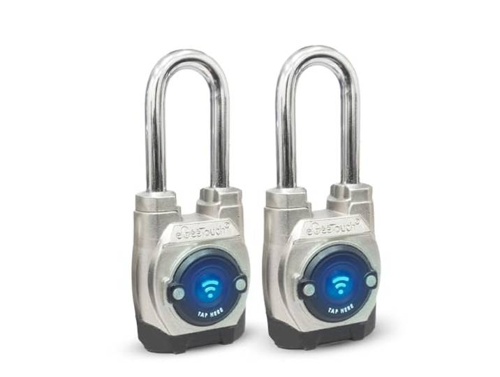 eGeeTouch 5th GEN Outdoor Smart Vorhängeschloss - (2 Stück, langer Bügel) schlüsselloses Bluetooth & NFC Schloss, wetterfeste Sicherheit für Tore, Schuppen und Fahrräder - Bequeme App-Steuerung &