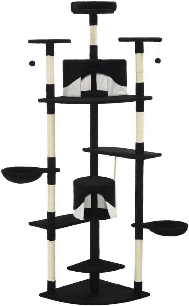 Katzenkratzbaum Gross 203 cm hoch - Kratzbaum Fuer Grosse Katzen mit Sisal-Kratzsaeulen, 2 Kuschelhoehlen, 2 Liegemulden und Spielzeug, Kletterbaum Fuer Indoor-Katzen, Schwarz und Weiß