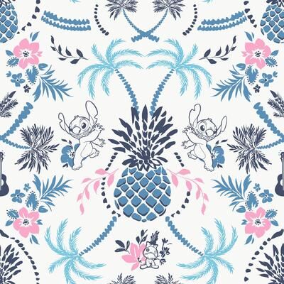 RoomMates Disney Stitch Pineapple Damask Blue and Pink Peel and Stick Wallpaper