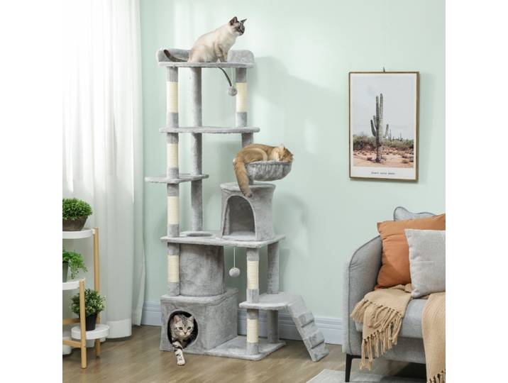 Griffoir pour chat, 170 cm, tunnel, grottes, base large, poteaux en sisal, gris clair, sur place