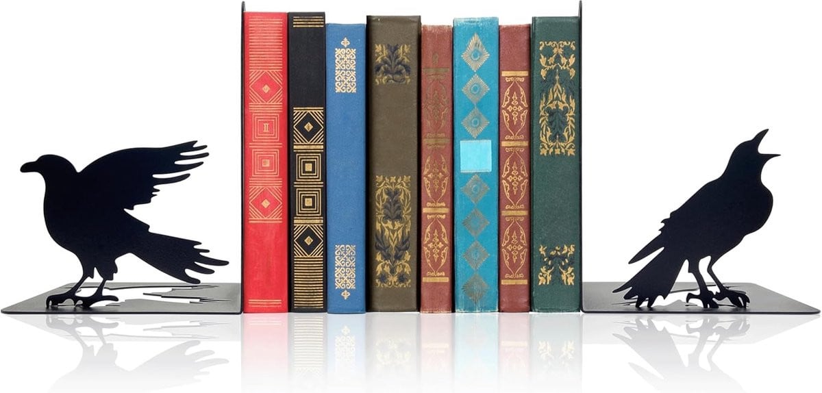 Set van 2 zwarte metalen boekensteunen met raven beeld voor gothic decoratie