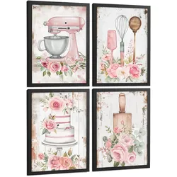 POSTER 4er Set Rosa Backkunst Wandbilder Küchenmaschine Torte Utensilien Blumen Shabby Chic Küche Deko Schwarzer Rahmen A4