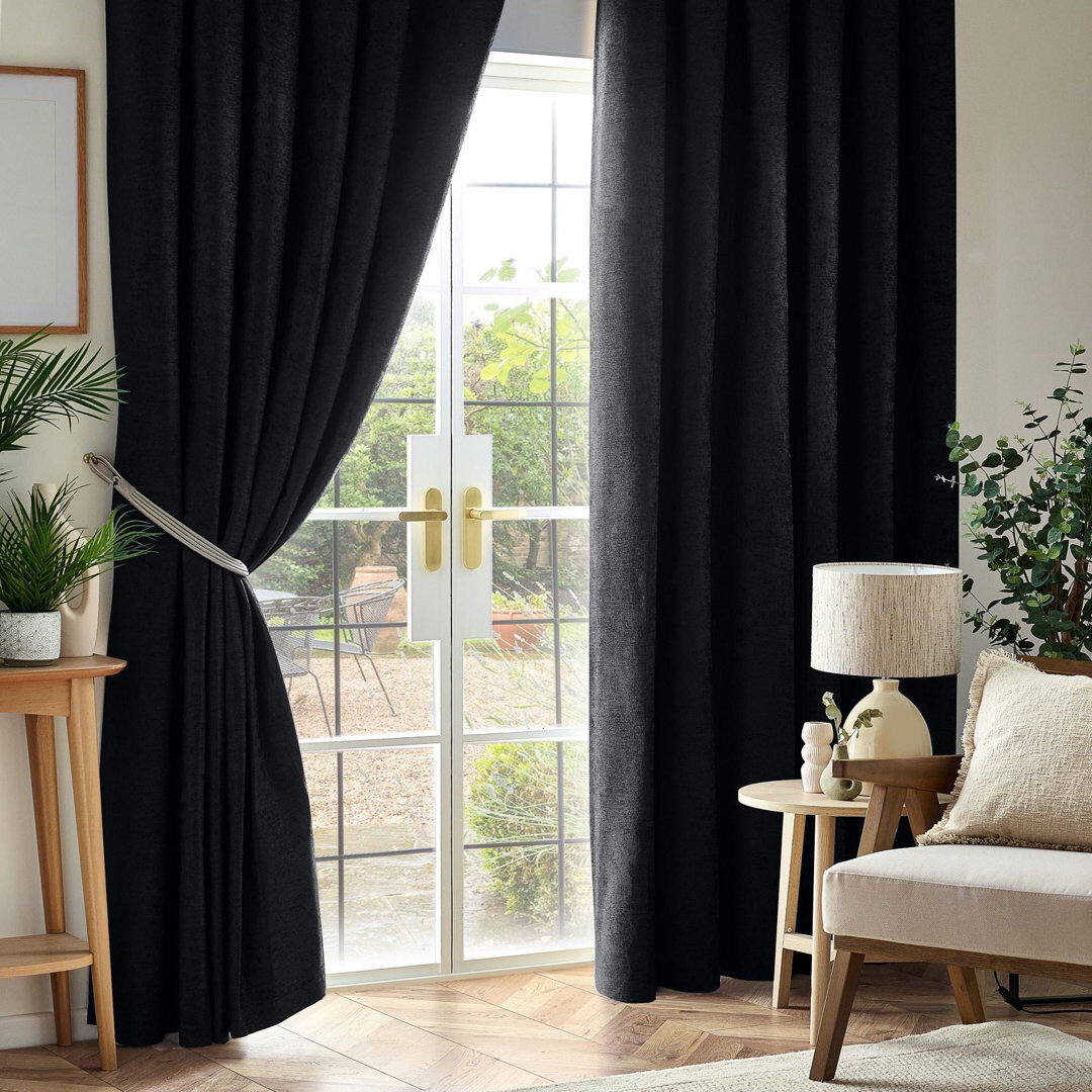 17 Stories Eilfried Chenille Pencil Pleat Taped Top Curtains Black 229cm Width x 229cm Drop