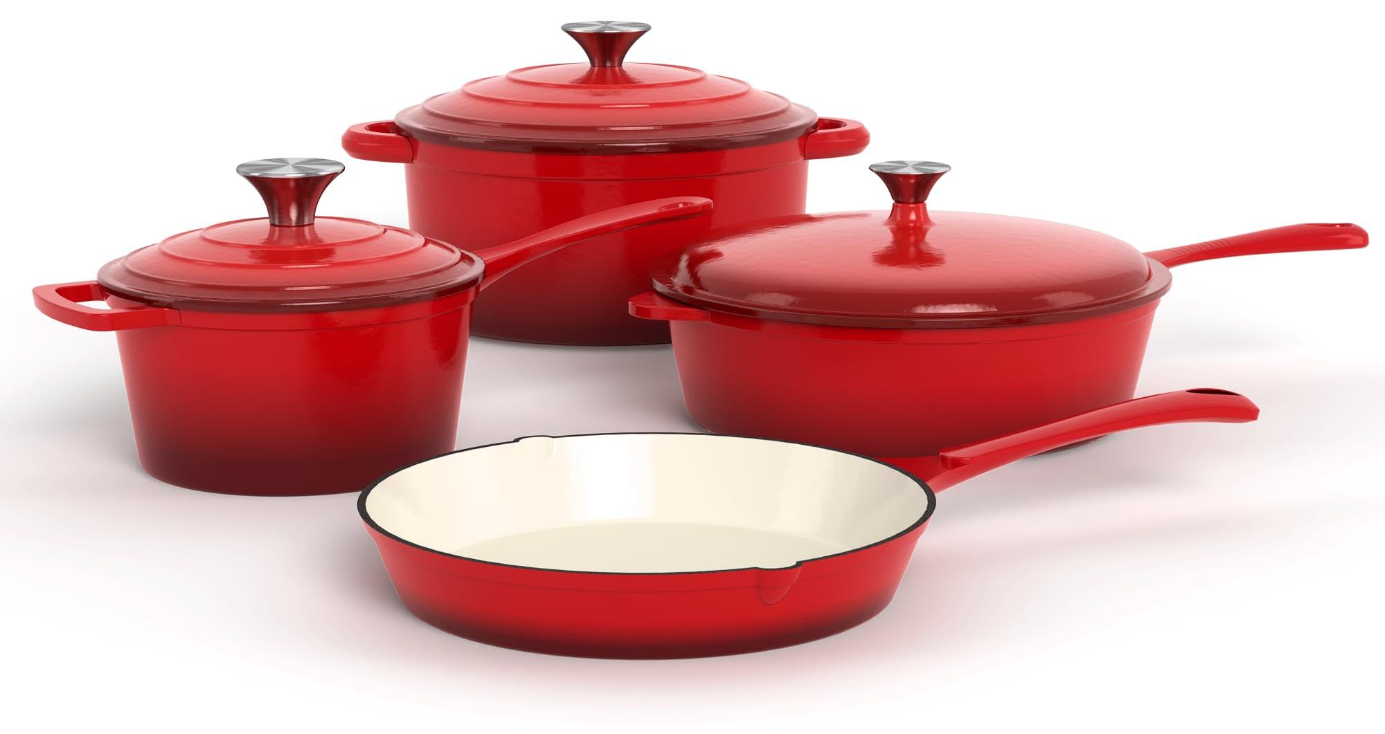 7-teiliges Gusseisen-Kochset mit Dutch Ovens, rot, emailliert