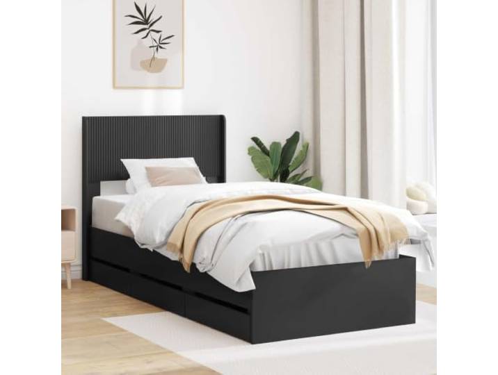 RJPLMFV Bettgestell mit Stauraum und Kopfteil, Schwarz, 90 x 200 cm Langlebiges Holz, fester Lattenboden, integrierte Aufbewahrung, einfache Montage zu zweit