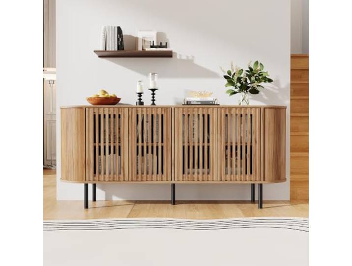 Merax Sideboard, Kommode,4 Schiebetüren, verstellbaren Böden,Naturholzfarbe 4 Schiebetüren, viel Stauraum, verstellbare Einlegeböden, MDF-Korpus, Metallbeine, 75 kg belastbare Oberfläche