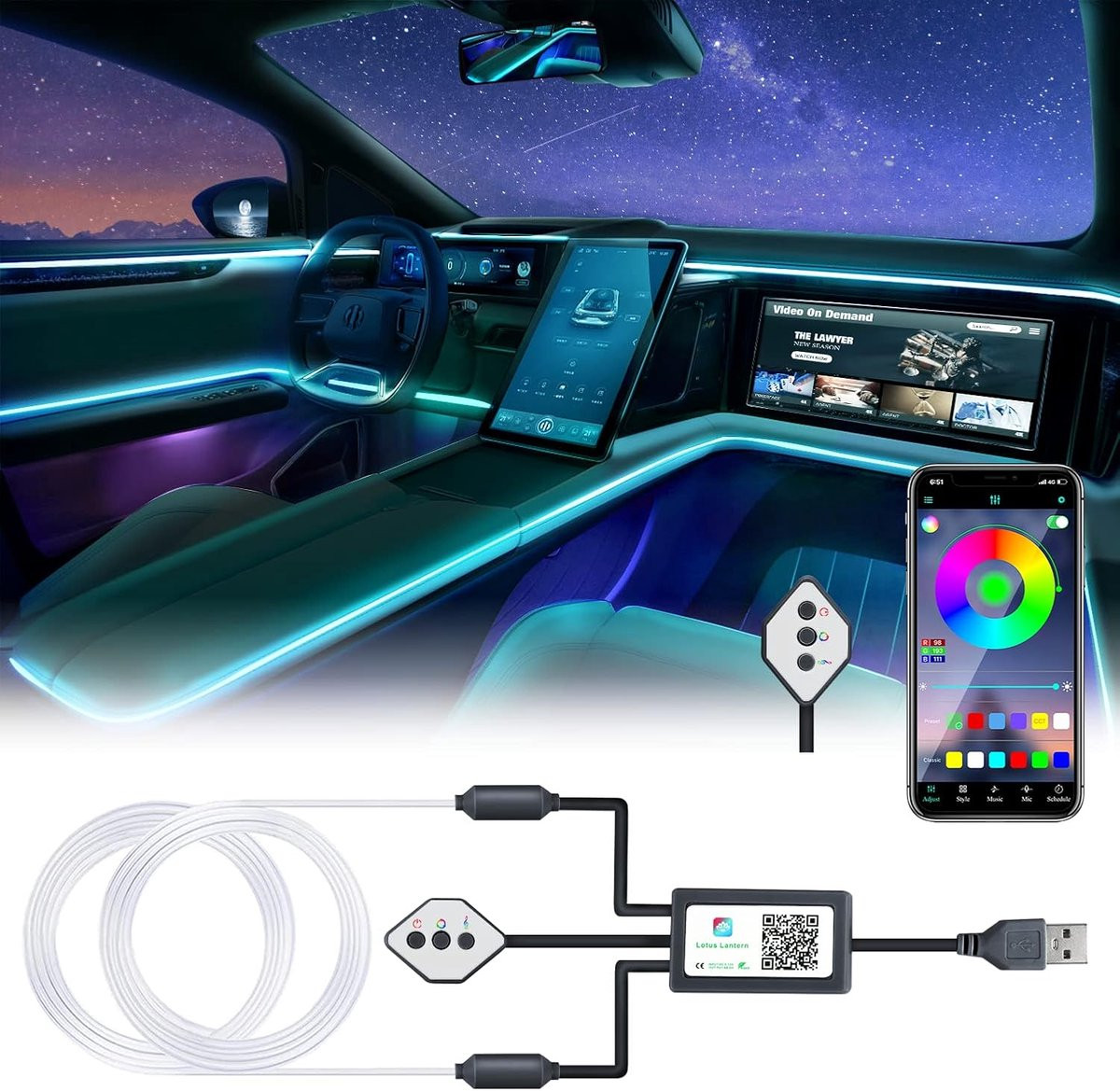 Zwarte LED Interieurverlichting voor Auto met App- en Knopbediening - 4 meter