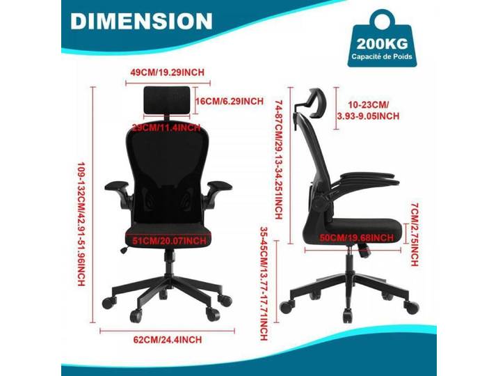Chaise bureau à roulette VIVOLILV Accoudoir rabattable à 90° Hauteur dossier Ajustable Fauteuil Ergonomique Charge max 200 kg