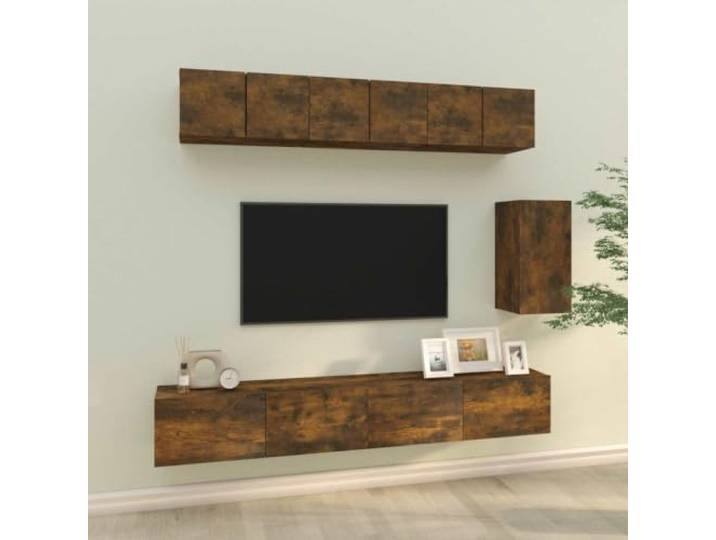HEFZGDB 6-TLG. TV-Schrank-Set Räuchereiche Holzwerkstoff mit Wandmontage und reichlich Stauraum für Wohnzimmer