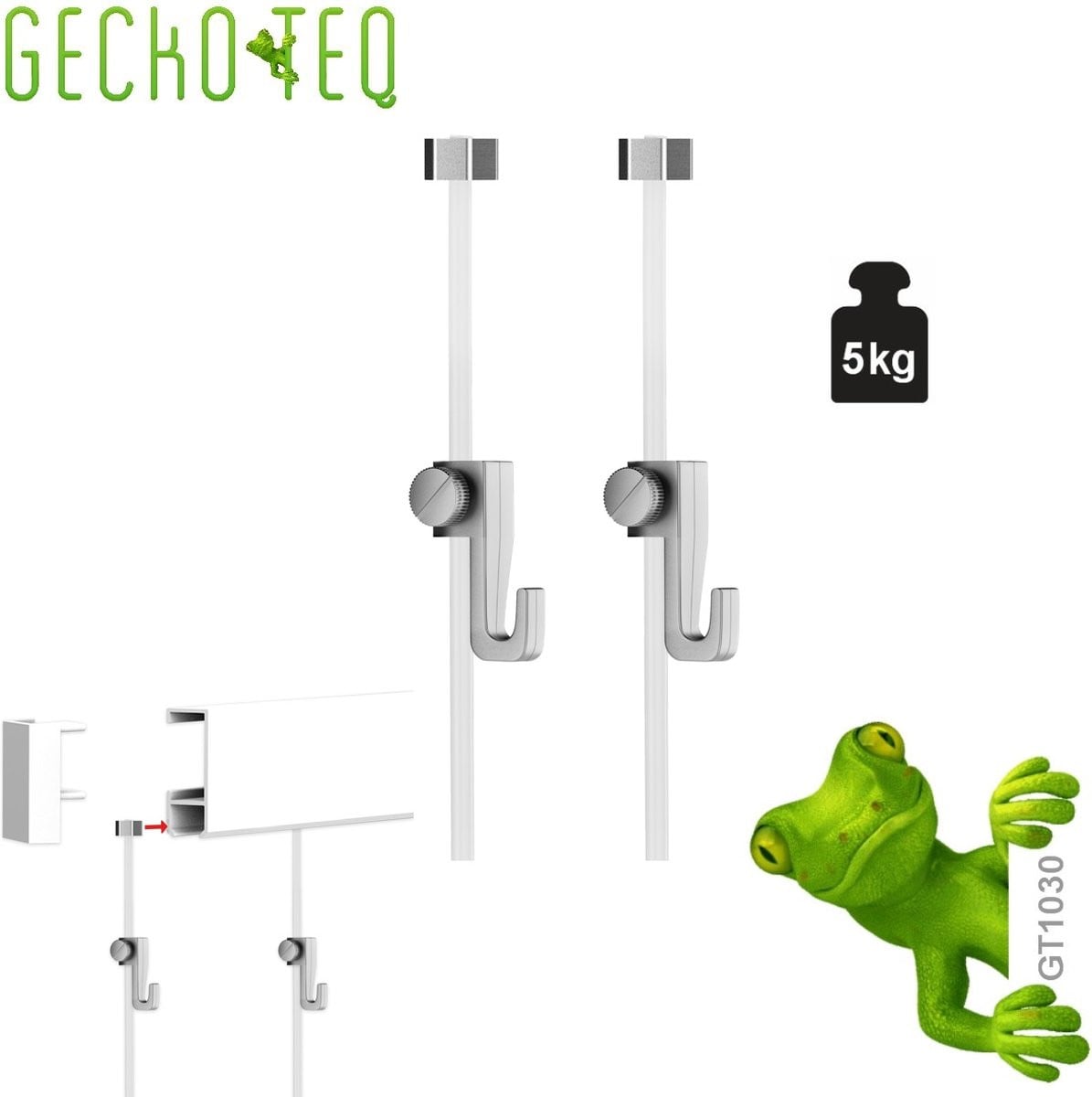 GeckoTeq GT1030 Ophangsysteem voor schilderijen en posters met 2 sets ophanghaken en perlon draad, 1,5 meter, max. 5 kg